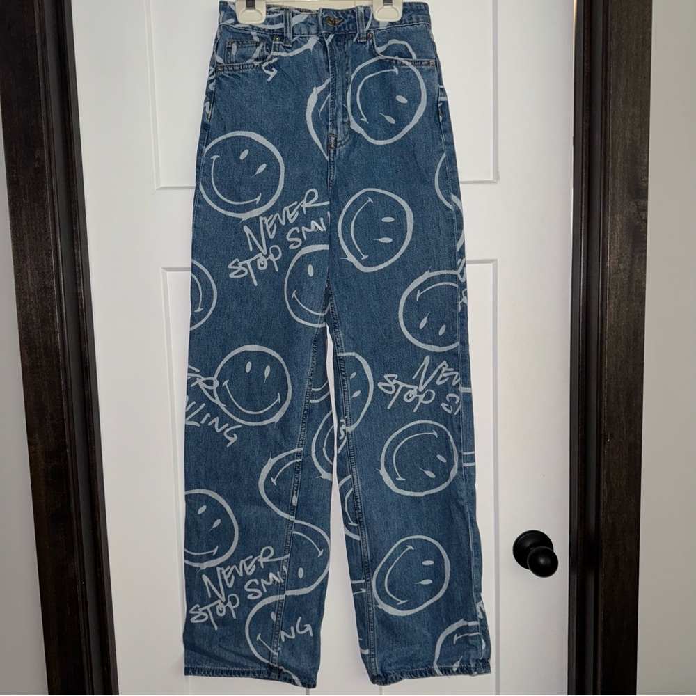 Blue High Waisted Jeans with Smiley Face Print